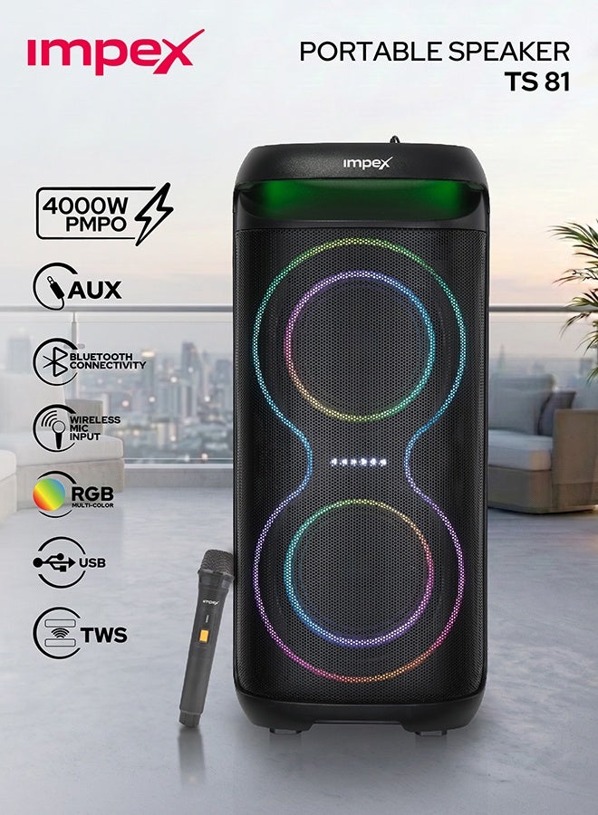 Impex Portable Trolly Speaker Music Player 2 x 6.5 inch Powerful Speaker Drivers Song With Outdoor and Indoor DJ Party System- 4000W (PMPO), 3600mAh/7.4V Rechargeable Battery, USB, TF, AUX, FM Radio, Mic Input, Bluetooth Function, Karaoke Function, UHF wireless MIC, High-Quality Sound Experience - TS81, Black Black - Image 1