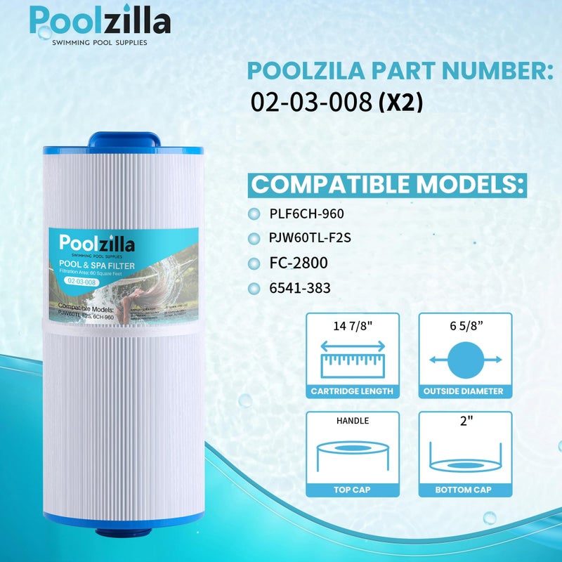 Poolzilla 2-Pack Replacement for Spa Filter PLF6CH-960, Unicel 6CH-960, PJW60TL-F2S, SD-00640, 6541-383, Filbur FC-2800, 6540-476, Jacuzzi Premium J-300, J400 (L x OD: 14 7/8â€ x 6 5/8â€) - Image 2