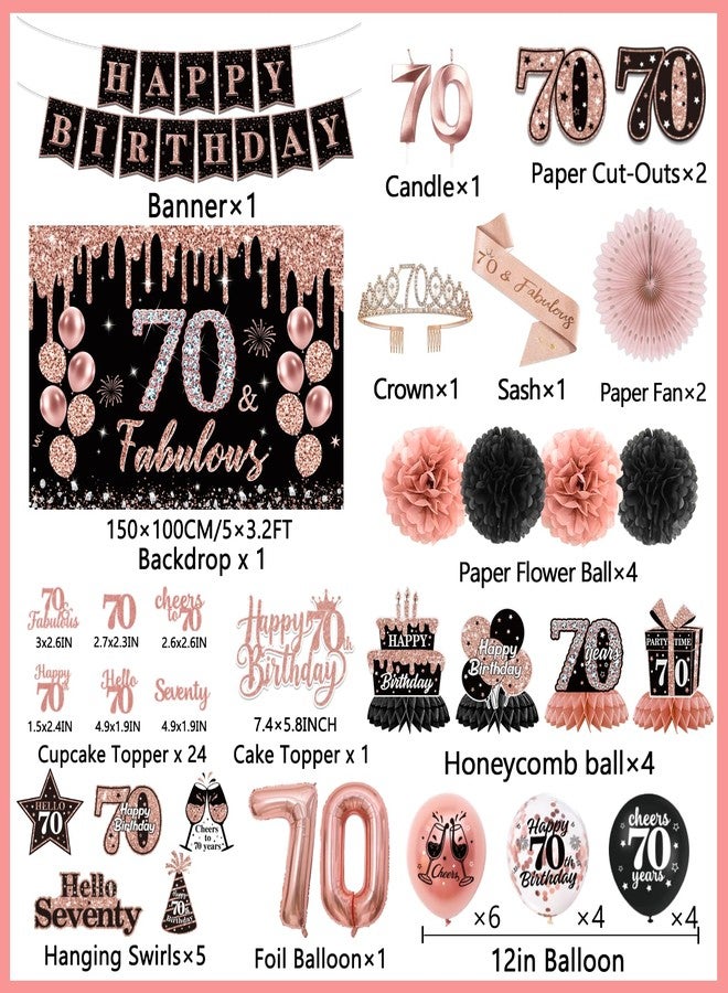 Peghoqu 70th Birthday Decorations for Women,Rose Gold 70th Birthday Decorations,Happy 70th Birthday Banner, Balloons,Hanging Swirls,Cake Topper,Backdrop,Crown,Sash,Paper Fans,for 70 Years Old Birthday Decor - Image 4