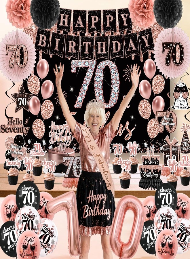 Peghoqu 70th Birthday Decorations for Women,Rose Gold 70th Birthday Decorations,Happy 70th Birthday Banner, Balloons,Hanging Swirls,Cake Topper,Backdrop,Crown,Sash,Paper Fans,for 70 Years Old Birthday Decor - Image 3