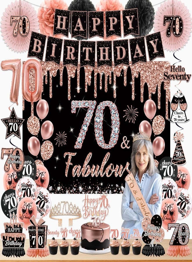 Peghoqu 70th Birthday Decorations for Women,Rose Gold 70th Birthday Decorations,Happy 70th Birthday Banner, Balloons,Hanging Swirls,Cake Topper,Backdrop,Crown,Sash,Paper Fans,for 70 Years Old Birthday Decor - Image 1