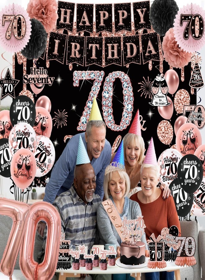 Peghoqu 70th Birthday Decorations for Women,Rose Gold 70th Birthday Decorations,Happy 70th Birthday Banner, Balloons,Hanging Swirls,Cake Topper,Backdrop,Crown,Sash,Paper Fans,for 70 Years Old Birthday Decor - Image 5