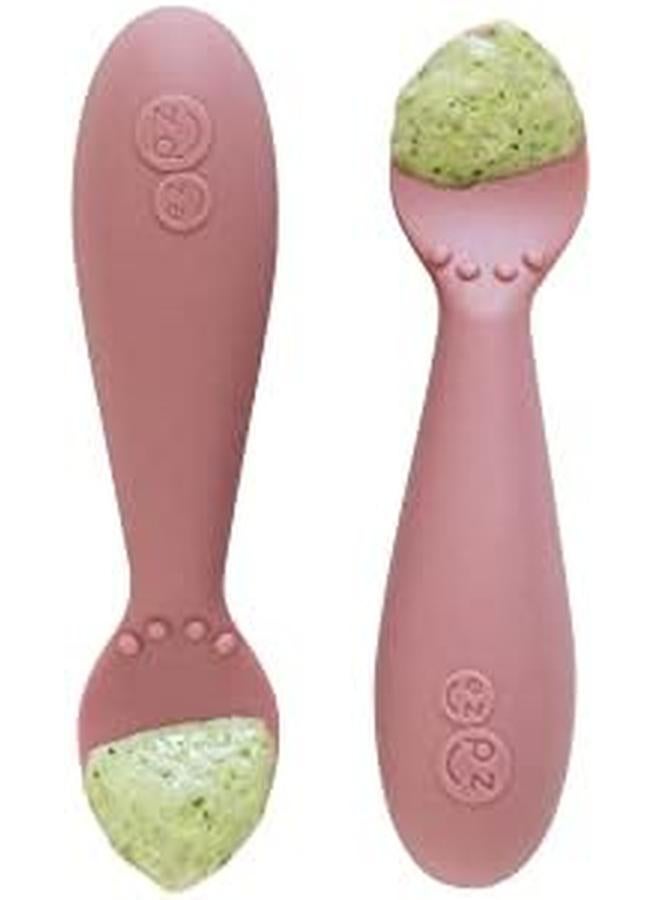 ازبيز ملعقة صغيرة مكونة من قطعتين بلون أحمر الخدود، ملاعق سيليكون بنسبة 100% لفطام الطفل بالإضافة إلى هريس صممه متخصص في تغذية الأطفال بعمر 4 أشهر إضافية - Image 2