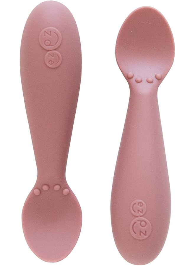 ازبيز ملعقة صغيرة مكونة من قطعتين بلون أحمر الخدود، ملاعق سيليكون بنسبة 100% لفطام الطفل بالإضافة إلى هريس صممه متخصص في تغذية الأطفال بعمر 4 أشهر إضافية - Image 1