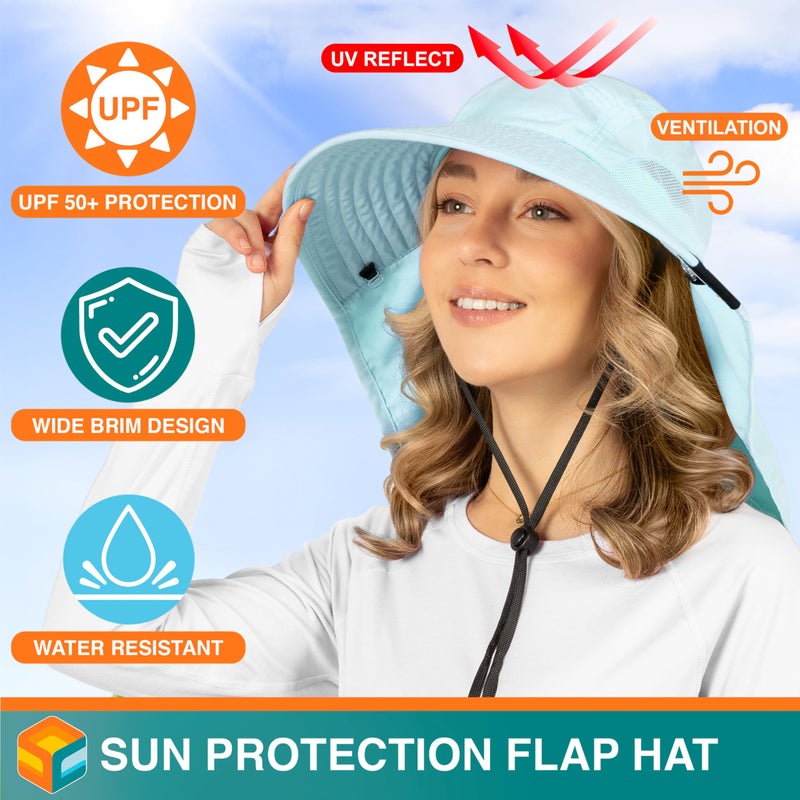Suncube SUN CUBE Wide Brim Sun Hat with Neck Flap, Fishing Hiking for Women Safari, Neck Cover for Outdoor Sun Protection UPF50+ | Light Blue - Image 2