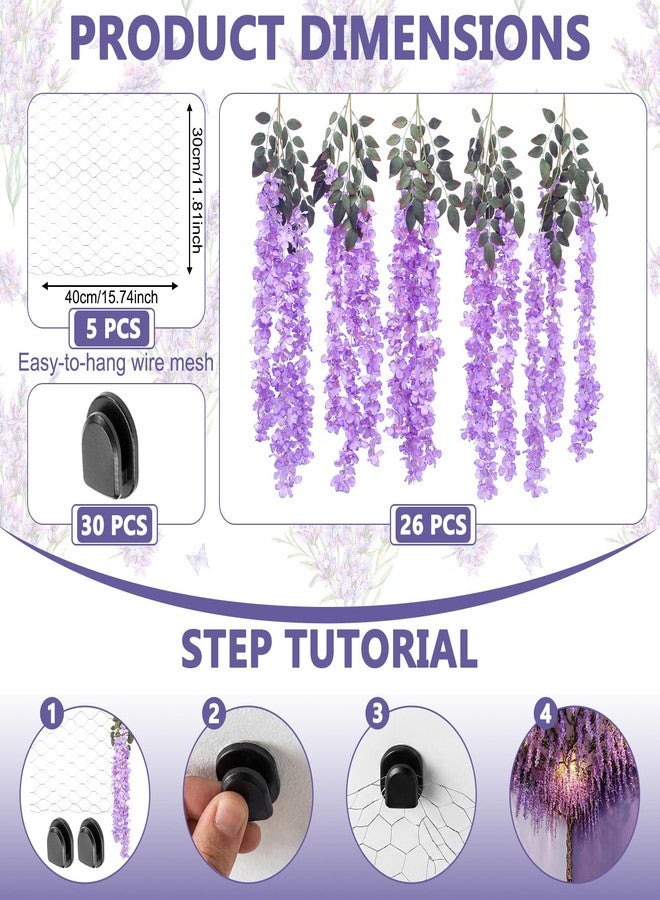 Giegxin Purple 26 Pcs 3D Wisteria Tree for Classroom Room Ceiling Wall Decor Bulletin Board Large Wisteria Garland with 5 Metal Mesh Panel Artificial Fake Hanging Flower Wedding Bedroom Backdrop - Image 2