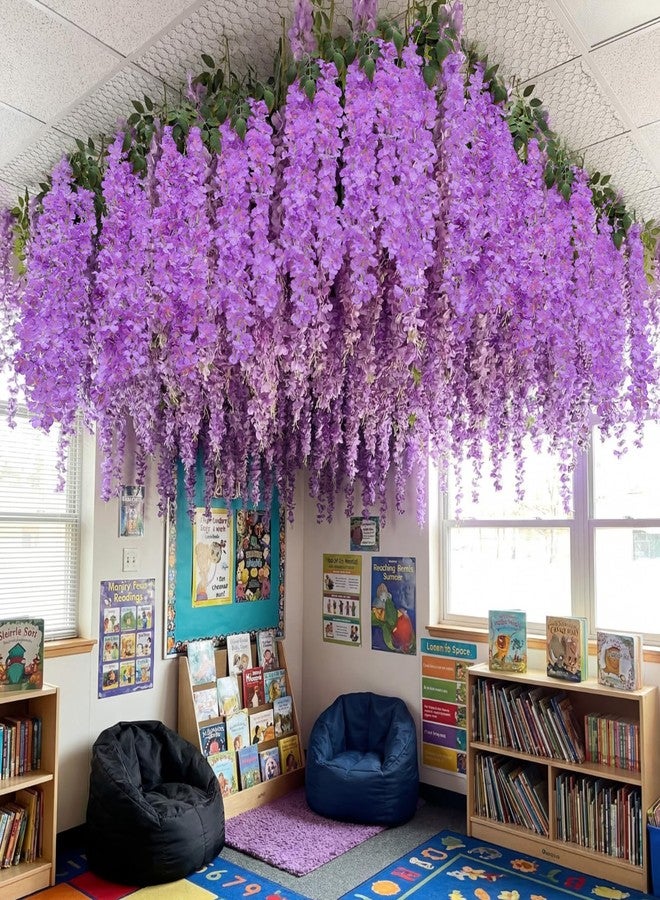 Giegxin Purple 26 Pcs 3D Wisteria Tree for Classroom Room Ceiling Wall Decor Bulletin Board Large Wisteria Garland with 5 Metal Mesh Panel Artificial Fake Hanging Flower Wedding Bedroom Backdrop - Image 5