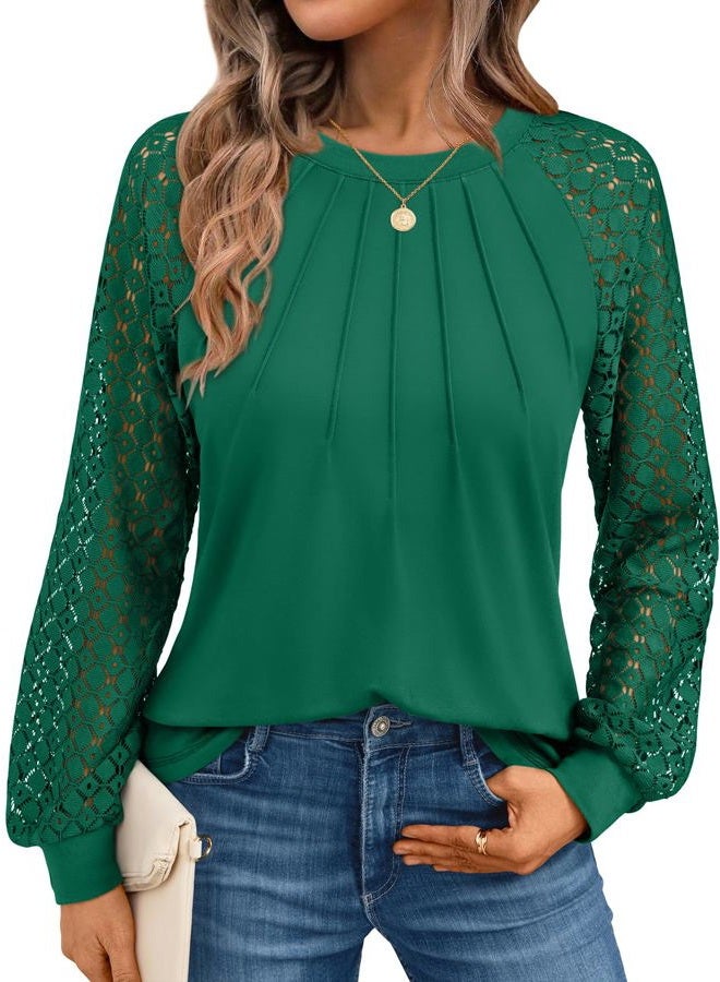 AUTOMET Womens Long Sleeve Shirts Pleated Lace Tops Fall Fashion Outfits Business Casual Blouses, Green, XL - Image 1