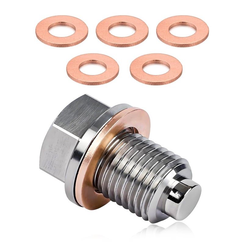 Wevdn Magnetic Oil Drain Plug Aluminum M1415 Sump Drain Nut Bolt with 5 PCS Copper Crush Washer Universal Oil Drain Plug Replacement for Most Cars Motorcycles Car Accessories - Image 3
