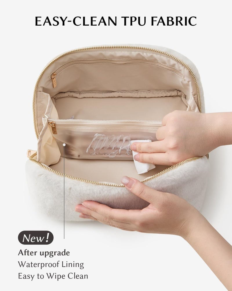 EACHY Travel Makeup Bag,Cute Faux Fur Cosmetic Bag for Women,Portable 180Â°Wide-Open Flat Make Up Bag,Large Capacity Makeup Pouch Make Up Organizer with Divider and Handle - Image 4
