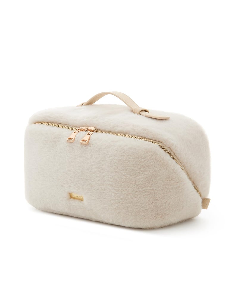 EACHY Travel Makeup Bag,Cute Faux Fur Cosmetic Bag for Women,Portable 180Â°Wide-Open Flat Make Up Bag,Large Capacity Makeup Pouch Make Up Organizer with Divider and Handle - Image 1