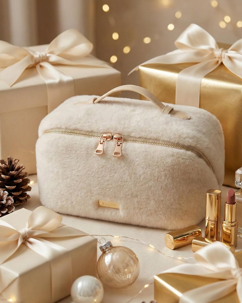 EACHY Travel Makeup Bag,Cute Faux Fur Cosmetic Bag for Women,Portable 180Â°Wide-Open Flat Make Up Bag,Large Capacity Makeup Pouch Make Up Organizer with Divider and Handle - Image 2