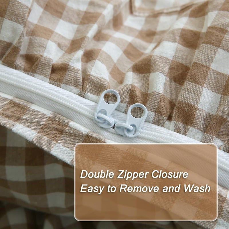 Silnuo Taupe/White Plaid Ruffle Duvet Cover King Size,100% Washed Cotton 3 Pcs Vintage Checkered Chic Gingham Bedding Set Comforter Cover Set - Image 5