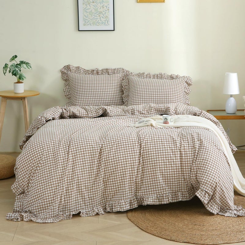 Silnuo Taupe/White Plaid Ruffle Duvet Cover King Size,100% Washed Cotton 3 Pcs Vintage Checkered Chic Gingham Bedding Set Comforter Cover Set - Image 1