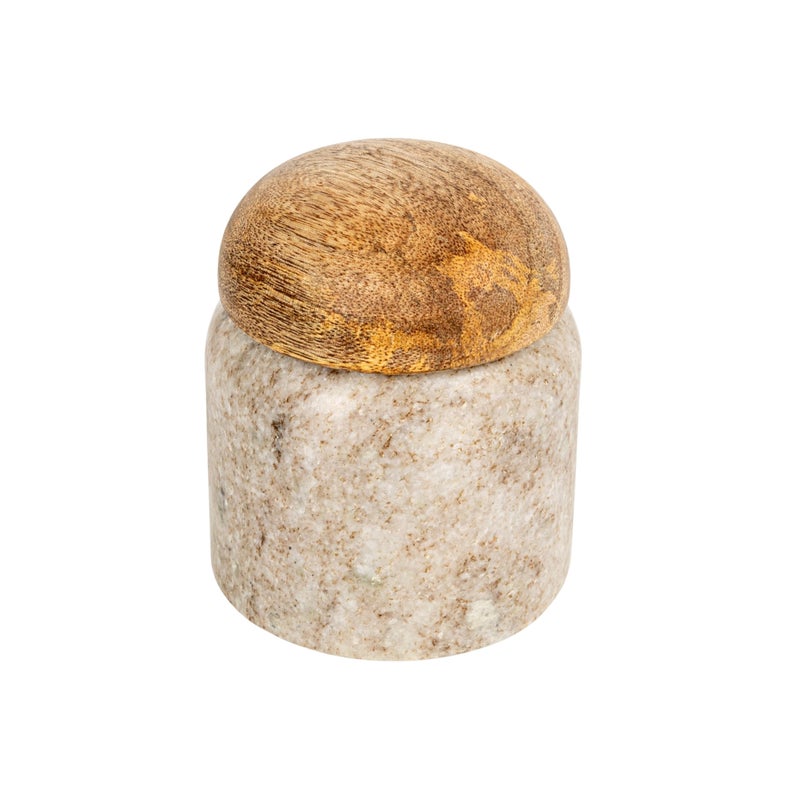 Creative Co-Op Unique Marble and Mango Wood Pinch Pot Canister with Lid, Beige - Image 1