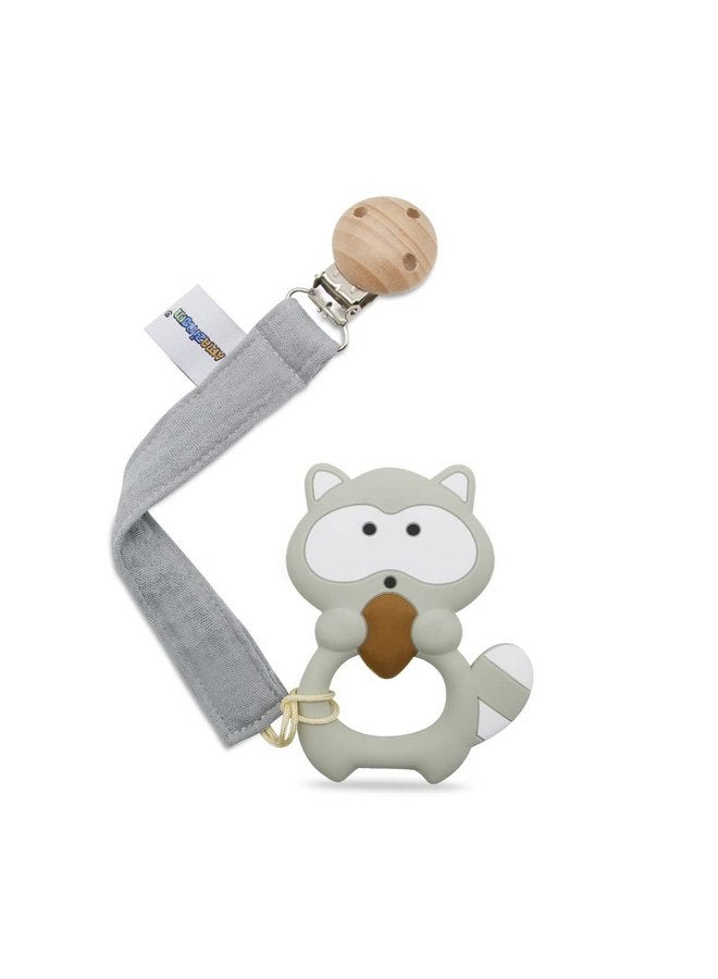 AmazingM Baby Food Grade Silicone Teether Toy with Pacifier clip Holder,Teething Pain Relief Toys Gift Set for 3 Months+ Boys and Girls,Freezer Safe,BPA Free (Raccoon) - Image 1