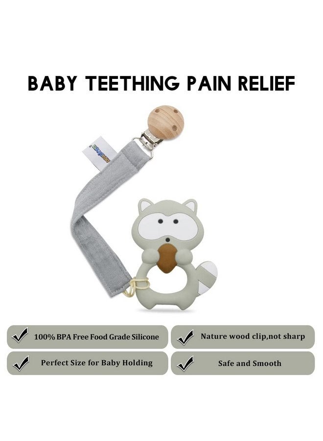 AmazingM Baby Food Grade Silicone Teether Toy with Pacifier clip Holder,Teething Pain Relief Toys Gift Set for 3 Months+ Boys and Girls,Freezer Safe,BPA Free (Raccoon) - Image 3