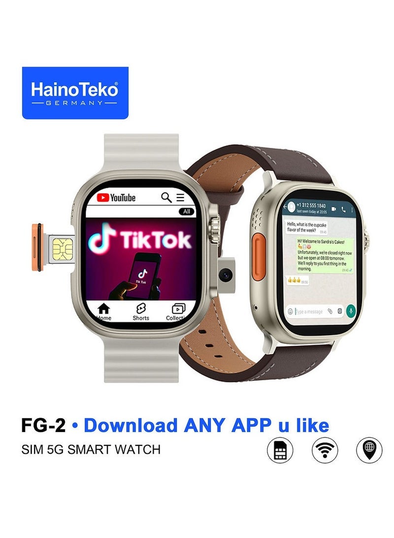 Haino Teko Haino Teko FG-2 5G Android Smart Watch – Stylish Silver Design for Men & Women – Built-in Front & Rear Camera, GPS, Fitness Tracker, Heart Rate Monitor – 5G SIM Support, Dual Strap Options, Long Battery Life & Smart Notifications - Image 1