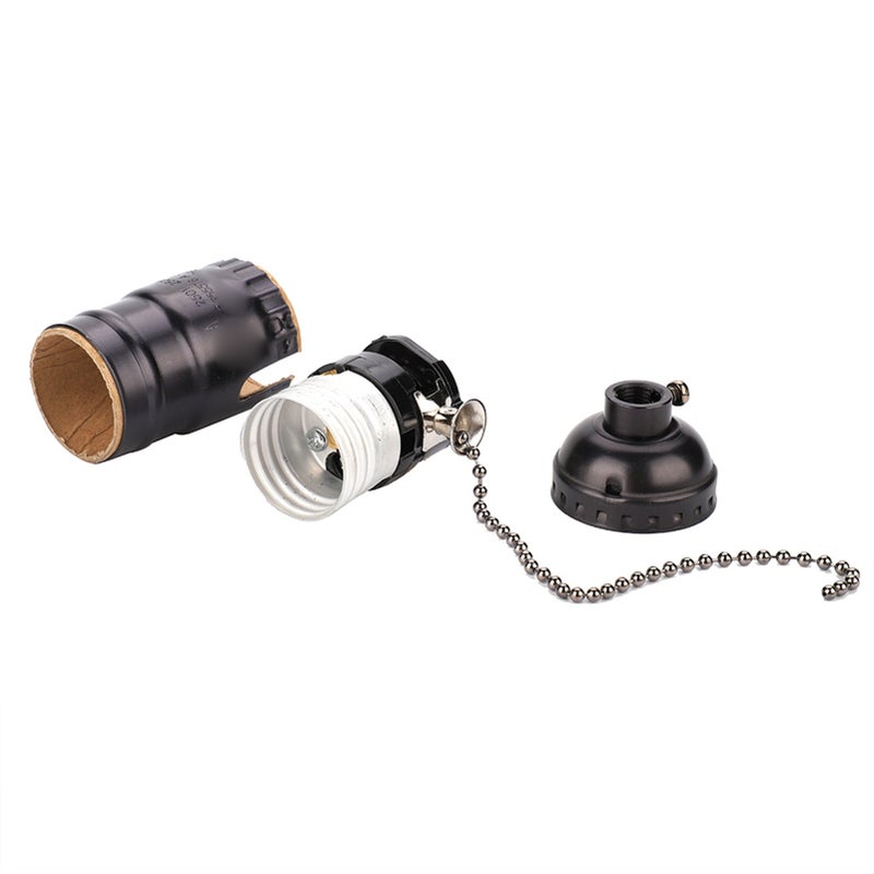 E27 Aluminum Vintage Light Socket with Pull Chain Desk Lamp Lighting Holder Screw Base (Black) - Image 1