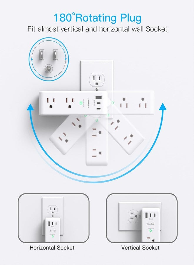 One Beat Surge Protector Outlet Extender with Rotating Plug, 6 AC Multi Plug Outlet with 3 USB Ports (2 USB C), 1800 Joules, 3-Sided Swivel Power Strip with Spaced Outlet Splitter for Home, Office, Dorm, White - Image 4