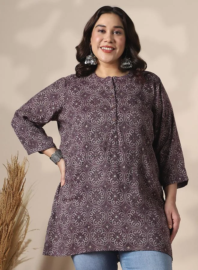 globus Plus Size Brown Ethnic Print Tunic Top