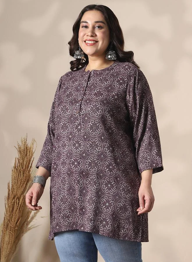 globus Plus Size Brown Ethnic Print Tunic Top
