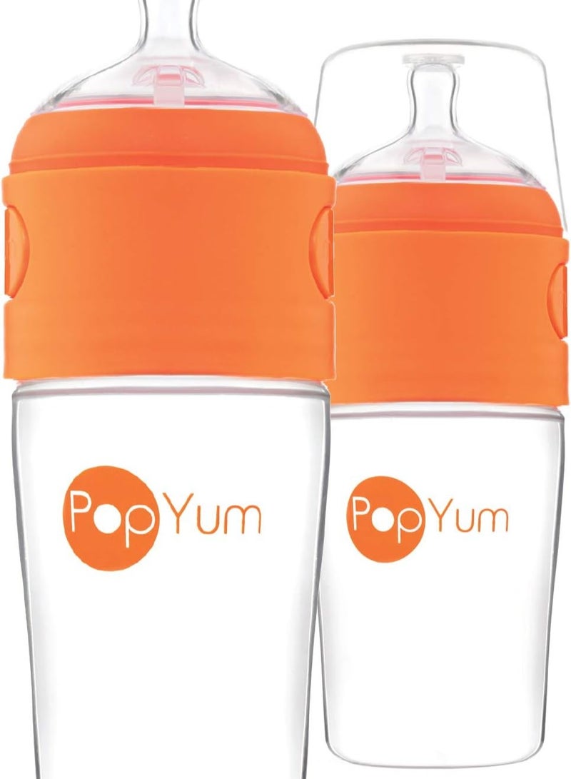 PopYum زجاجات حليب الأطفال PopYum سعة 9 أونصات بنكهة البرتقال، تركيبة مضادة للمغص، مجموعة من 2 مع حلمات متوسطة التدفق #2، 260 مل، خالية من BPA، قفل طبيعي