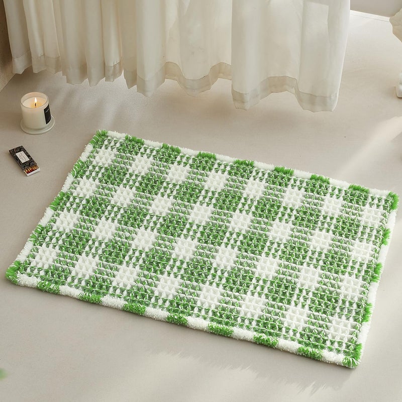 TYUU Waffle Bath Mat, Boho Bathroom Rugs Non Slip Washable Absorbent Checkered Bathroom Mat Quick Dry Cute Christmas Bath Mat, 30"x20" Green and White - Image 1