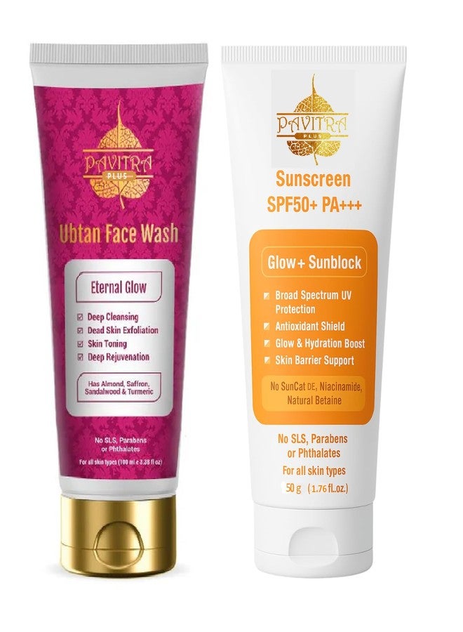 PavitraPlus Ubtan Glow Face Wash and Sunscreen SPF 50 PA+++ Combo, Tan Removal, Broad Spectrum UV Protection, Saffron, Turmeric, Niacinamide, Aloe Vera, 100ml and 50gm