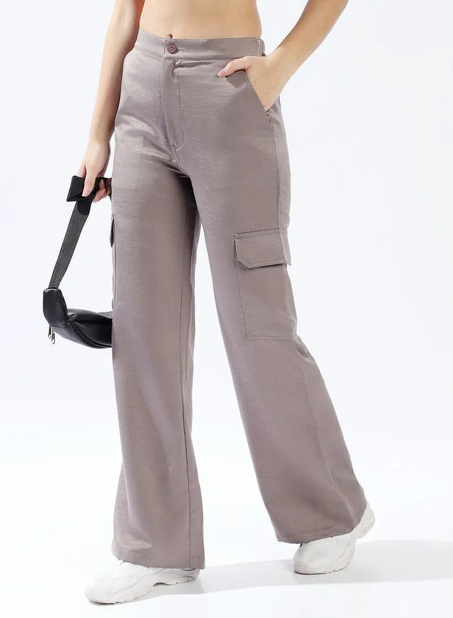 HIGH STAR Women Relaxed Loose Fit High-Rise Cargo Textured Satin Trousers