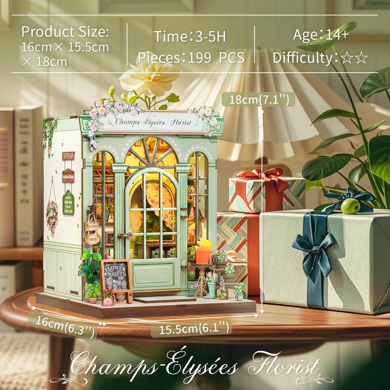 CUTEBEE Book Nook Kit - DIY Miniature House Dollhouse Kit for Adults and Teens, Booknook Tiny House Bookshelf Decor 3D Wooden Puzzle, Gifts for Family, Friends (Champs-Élysées Florist) - Image 2