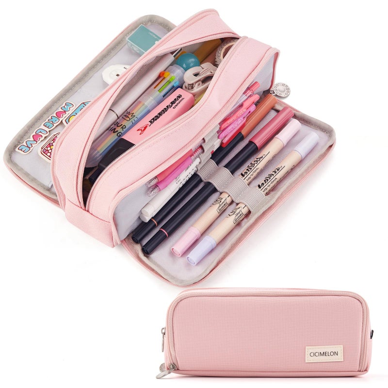 CICIMELON Large Capacity Pencil Case 3 Compartment Pouch Pen Bag for School Teen Girl Boy Men Women (Pink) - Image 1