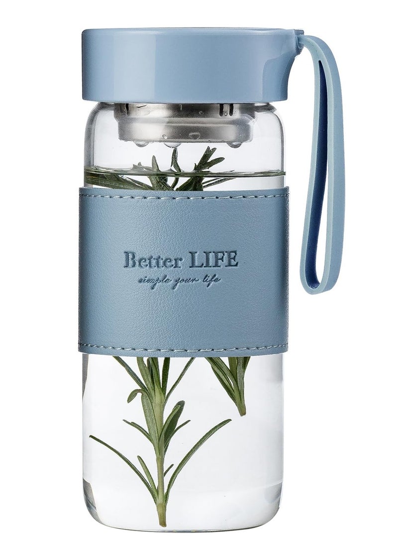 Glass Water Bottle Borosilicate Glass Tea Bottle 16 oz with Non-Slip Holster Stainless Tea Infuser Leak Proof Lid Portable Glass Water Bottle for Gym School Office Car Home as a gift Blue  - Image 1