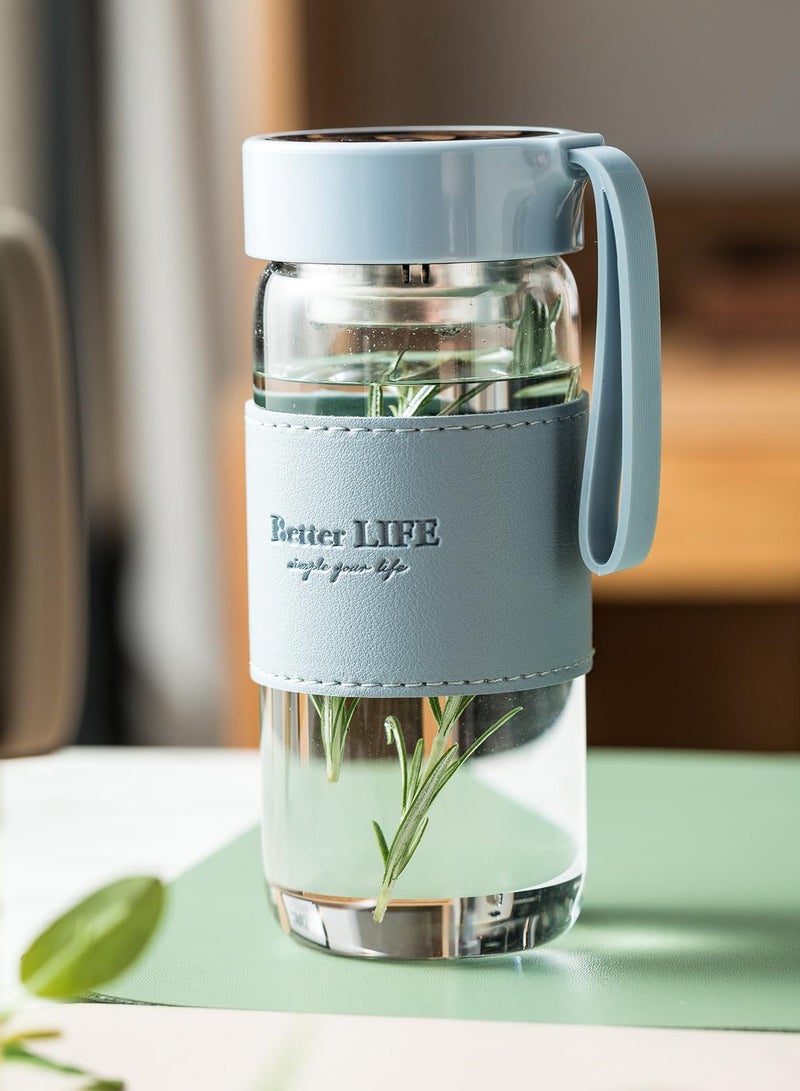 Glass Water Bottle Borosilicate Glass Tea Bottle 16 oz with Non-Slip Holster Stainless Tea Infuser Leak Proof Lid Portable Glass Water Bottle for Gym School Office Car Home as a gift Blue  - Image 2