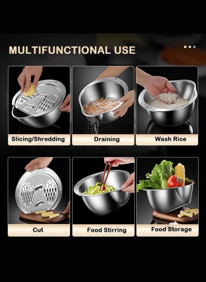 Multi-functional 6-in-1 kitchen vegetable slicer and drain, suitable for slicing, shredding, cutting into strips, food stirring, draining, rice washing, and food storage (304 stainless steel)  - Image 2