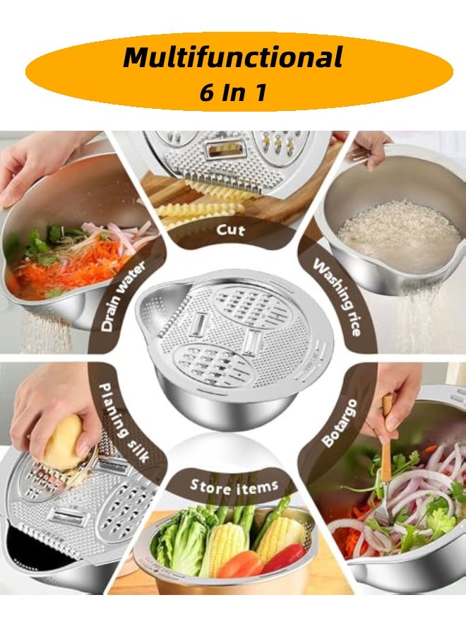 Multi-functional 6-in-1 kitchen vegetable slicer and drain, suitable for slicing, shredding, cutting into strips, food stirring, draining, rice washing, and food storage (304 stainless steel)  - Image 3