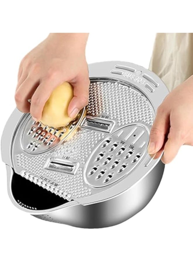Multi-functional 6-in-1 kitchen vegetable slicer and drain, suitable for slicing, shredding, cutting into strips, food stirring, draining, rice washing, and food storage (304 stainless steel)  - Image 4