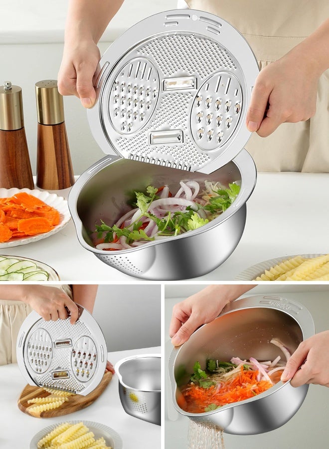 Multi-functional 6-in-1 kitchen vegetable slicer and drain, suitable for slicing, shredding, cutting into strips, food stirring, draining, rice washing, and food storage (304 stainless steel)  - Image 1