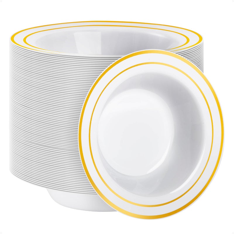 Goodluck 100 Pack Plastic Bowls with Gold Rim, 12oz Disposable Soup Bowls, Heavy Duty Dessert Bowls for Weddings, Parties, Dinners, Catering, Thanksgiving and Everyday Use - Image 1