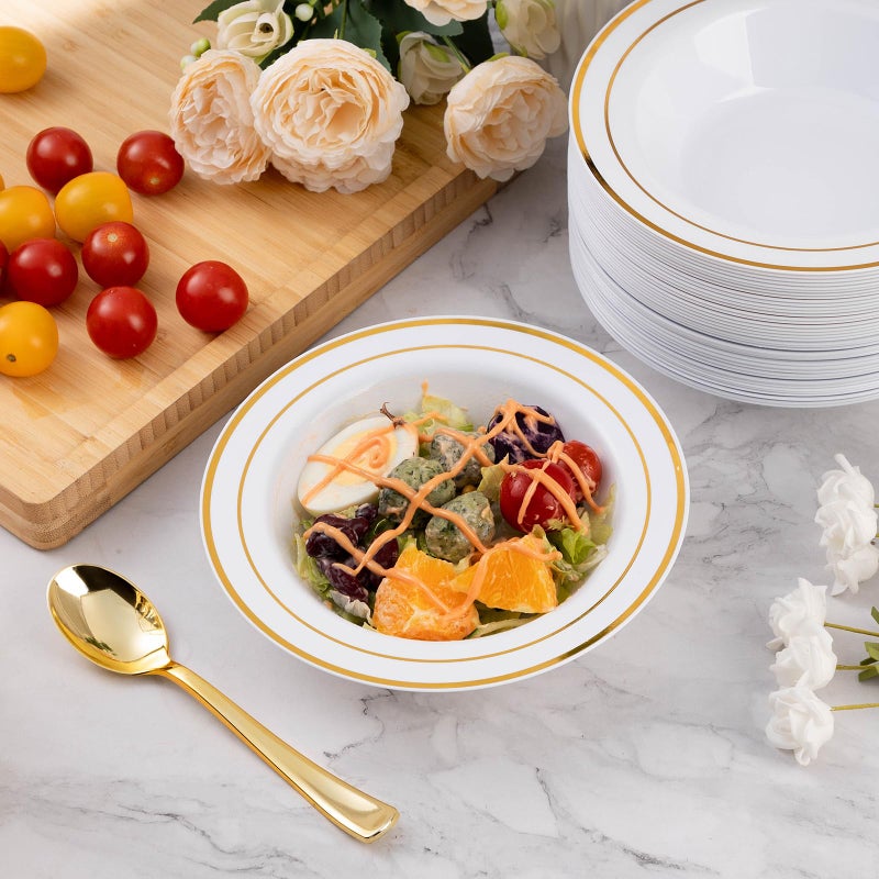 Goodluck 100 Pack Plastic Bowls with Gold Rim, 12oz Disposable Soup Bowls, Heavy Duty Dessert Bowls for Weddings, Parties, Dinners, Catering, Thanksgiving and Everyday Use - Image 3