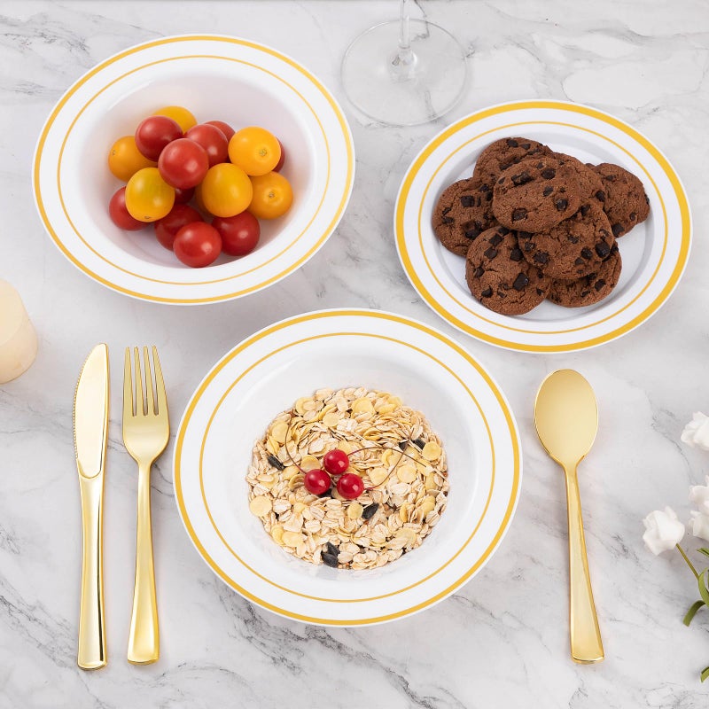 Goodluck 100 Pack Plastic Bowls with Gold Rim, 12oz Disposable Soup Bowls, Heavy Duty Dessert Bowls for Weddings, Parties, Dinners, Catering, Thanksgiving and Everyday Use - Image 2
