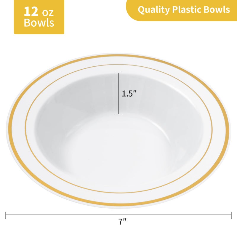 Goodluck 100 Pack Plastic Bowls with Gold Rim, 12oz Disposable Soup Bowls, Heavy Duty Dessert Bowls for Weddings, Parties, Dinners, Catering, Thanksgiving and Everyday Use - Image 4
