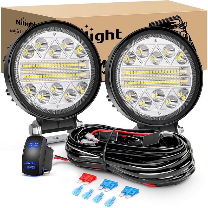 Nilight 2Pcs 45Inch LED Pods 42W 4200LM Round Flood Light Off Road Lights Fog Lights 12V 5Pin Rocker Switch Wiring Harness Kit2 Leads 2 Years Warranty