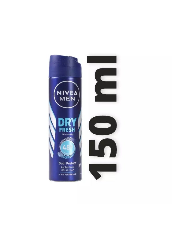 Nivea نيفيا للرجال دراي فريش، صديق للبشرة، حماية مزدوجة، بخاخ مزيل العرق - 150 مل - Image 1