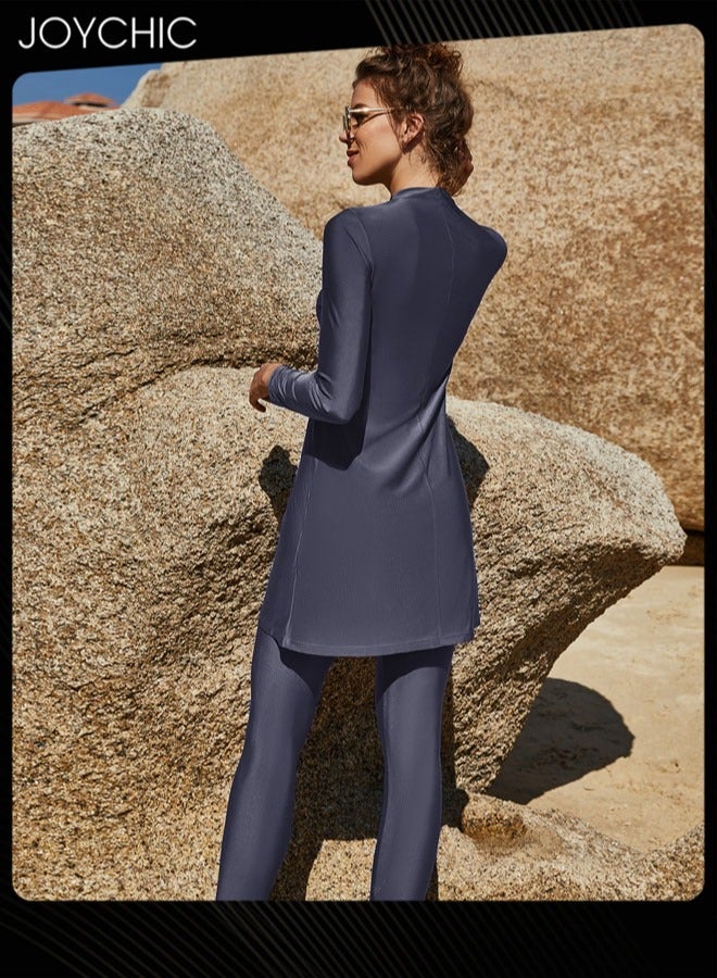 Joychic Two-piece Solid Color Conservative Swimsuit Women Summer Long Sleeved Trousers Full Coverage Sunscreen Swimwear Quick-drying Beachwear - Image 3