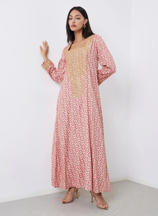 Amirah Amirah Pink All Over Print Jalabiya with Embroidered Yoke