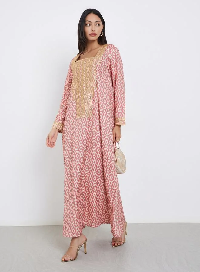 Amirah Amirah Pink All Over Print Jalabiya with Embroidered Yoke