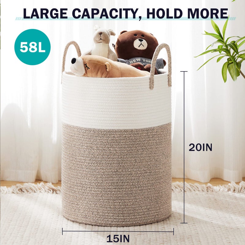 YOUDENOVA Woven Rope Laundry Hamper Basket, 58L Tall Laundry Basket, Baby Nursery Hamper for Blanket Storage in Bedroom-Large-Brown - Image 2
