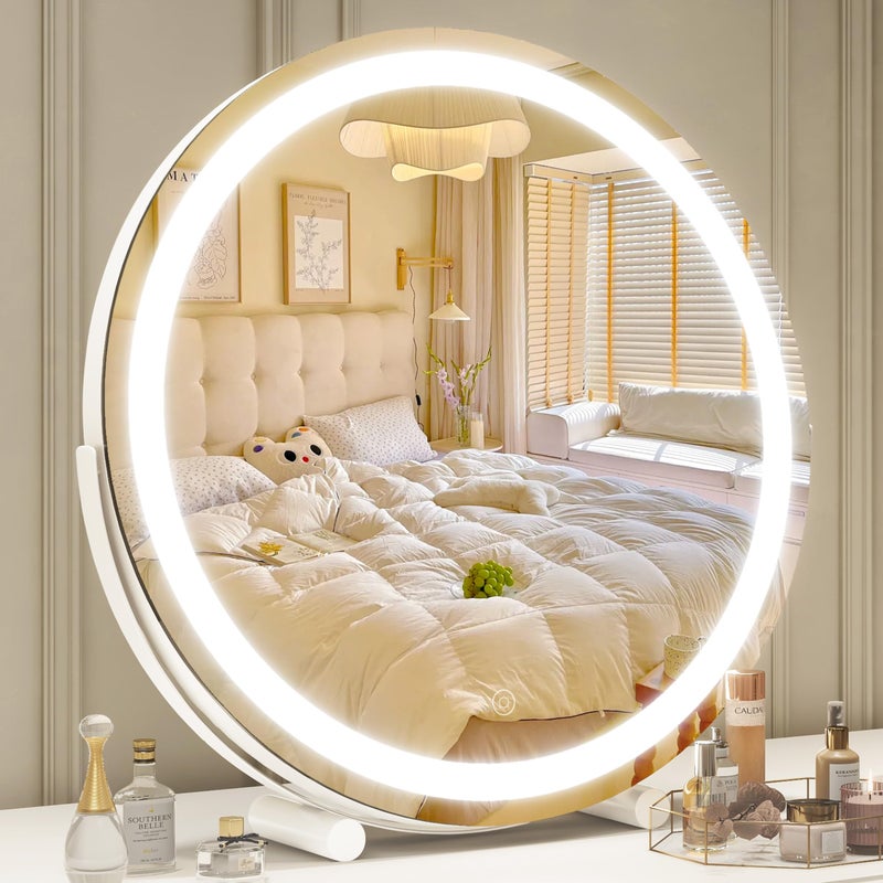 ROLOVE Vanity Mirror with Lights 18 Inch Lighted Makeup Vanity Smart Touch Control 3Color Dimmable Round Design 360 Rotating Tabletop Mirror White