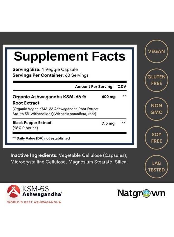 Natgrown Ashwagandha KSM 66 Supplement 600 mg - Stress, Mood, & Athletic Support - Organic KSM66 Root Extract with 5% Withanolides - Vegan Capsules - 60 Count - Image 3